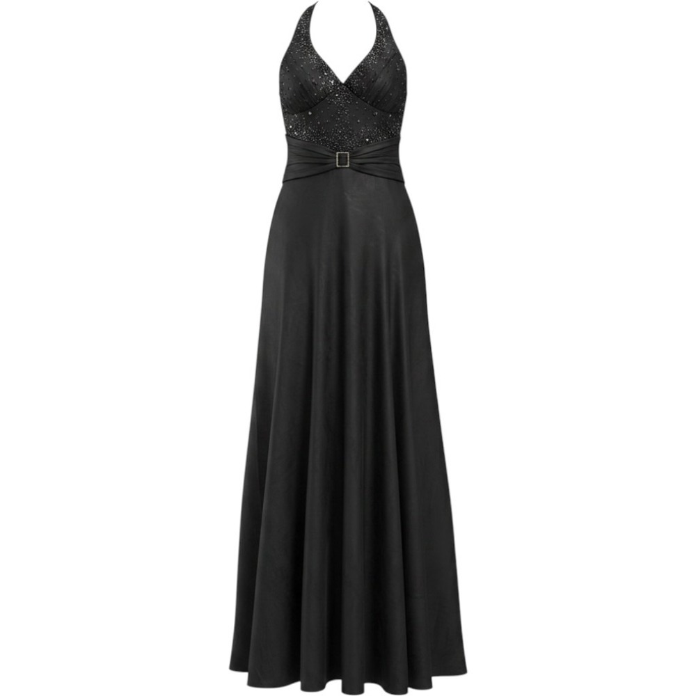 Poly USA Goth Satin Halter Gown | Black Beaded | Prom Formal Dress XS